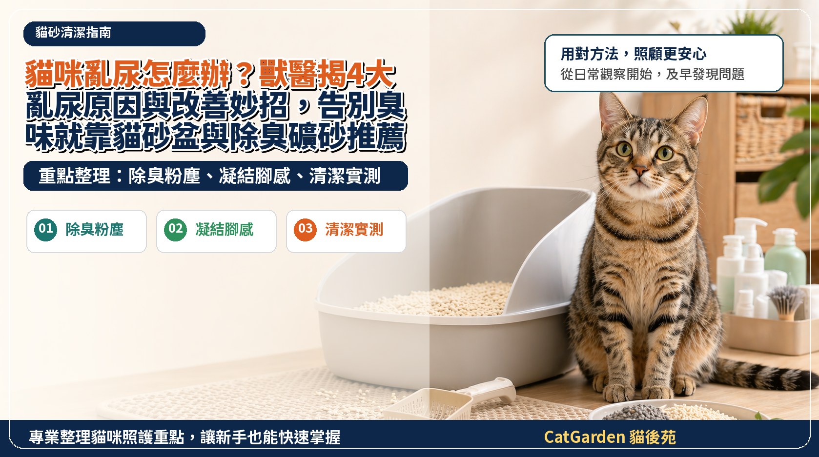 貓咪亂尿怎麼辦？獸醫揭4大亂尿原因與改善妙招，告別臭味就靠貓砂盆與除臭礦砂推薦！ 封面圖